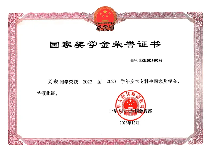 2022-2023 学年度国家奖学金荣誉证书（缩略展示）