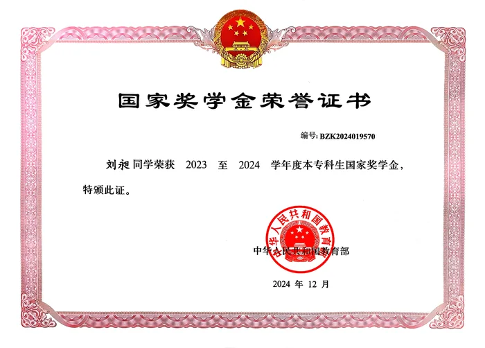 2023-2024 学年度国家奖学金荣誉证书（缩略展示）