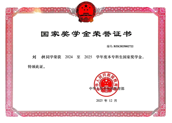 2024-2025 学年度国家奖学金荣誉证书（缩略展示）