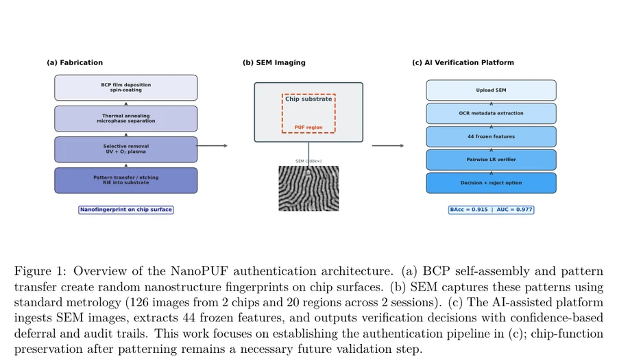 NanoPUF 认证架构研究图：BCP 自组装制备 → SEM 成像 → AI 成对验证流水线